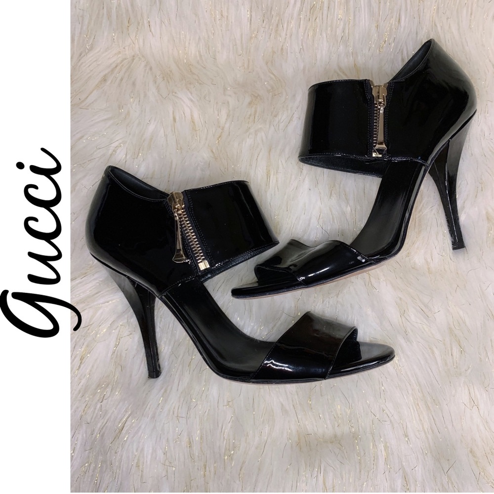 Gucci Black Patent Leather Zip Heels Fits 7.5-8